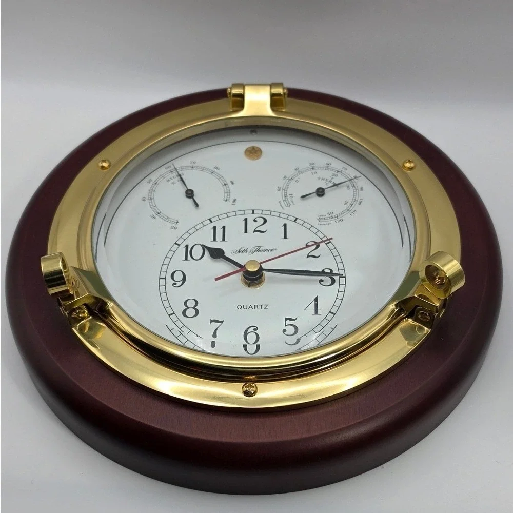 Seth Thomas Meridian 1046 Porthole Wall Clock Brass Wood Nautical Weather Heavy